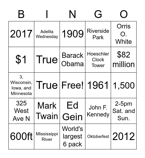 La Crosse facts Bingo Card
