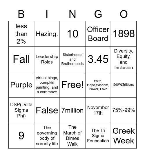 Greek life bingo Card