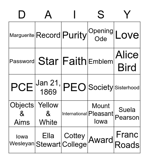 PEO BINGO Card