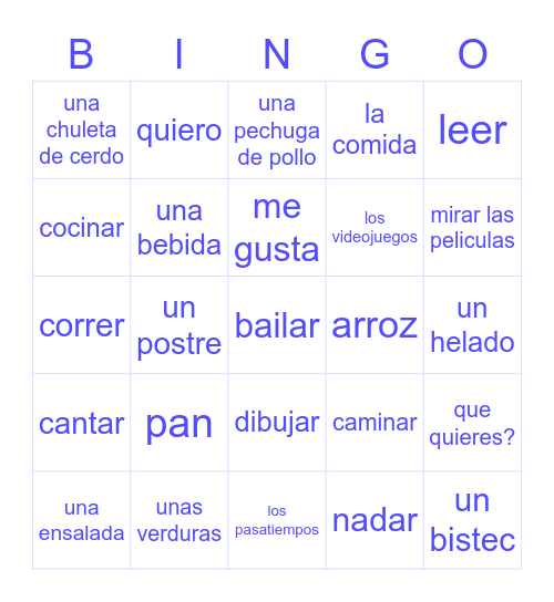 La comida y los pasatiempos Bingo Card