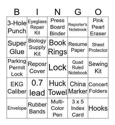 Supplies Bingo Card
