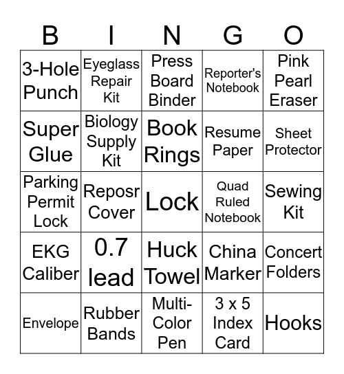 Supplies Bingo Card