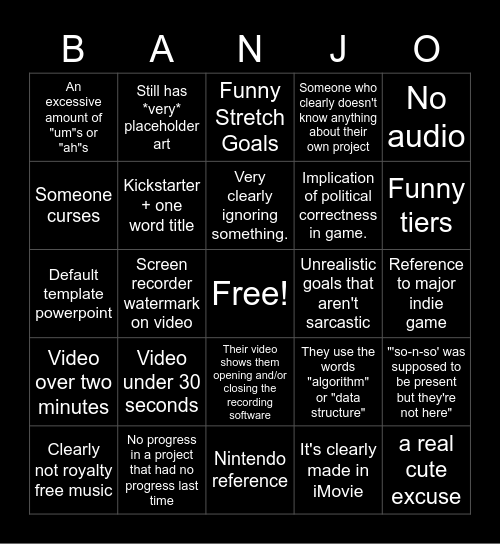 Kickstarter Presentation BANJO Bingo Card