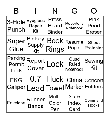 Supplies Bingo Card