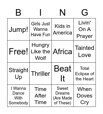 80s Songs Bingo Card