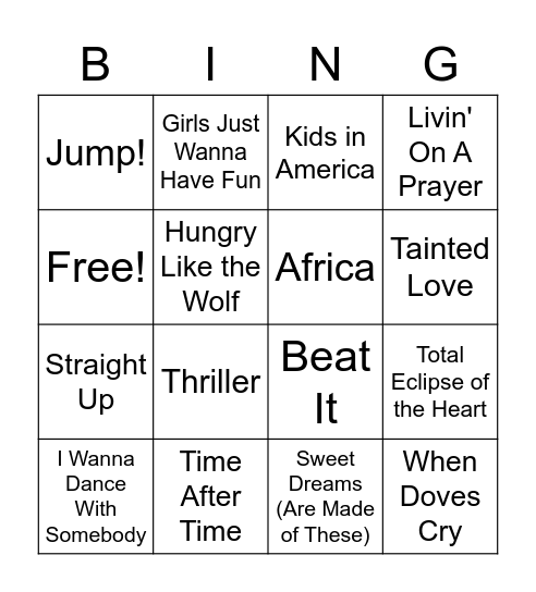 80s Songs Bingo Card