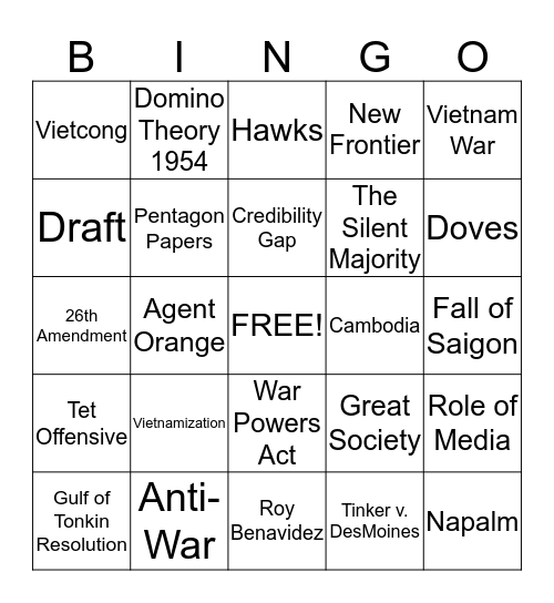 Vietnam War Bingo Card