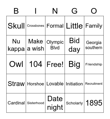 Chi Omega Bingo Card