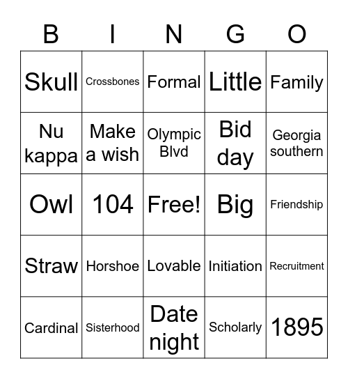 Chi Omega Bingo Card