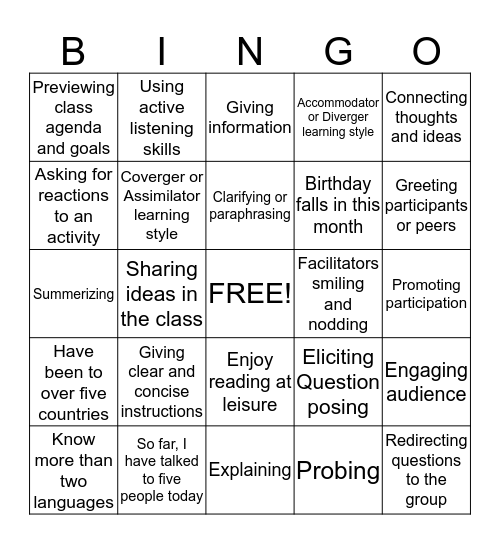 Facilitation skill Bingo  Bingo Card