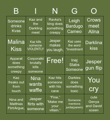 Shadow and Bone Tv Show Bingo Card