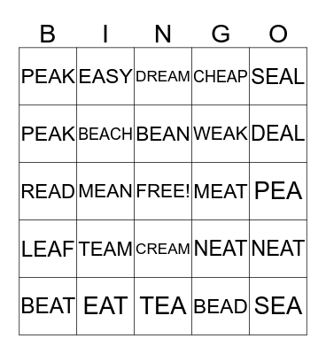 LONG -EA- WORDS Bingo Card
