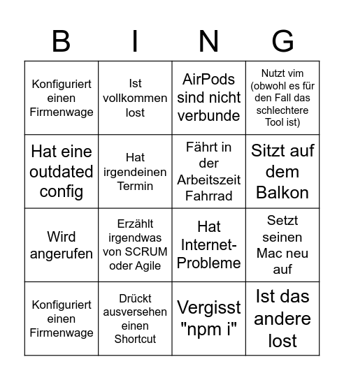 Moritzt auf der Arbeit Bingo Card