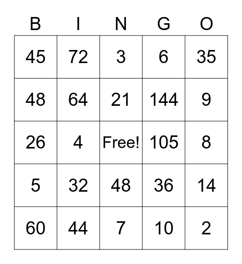 Multiplication and Division Bingo Card
