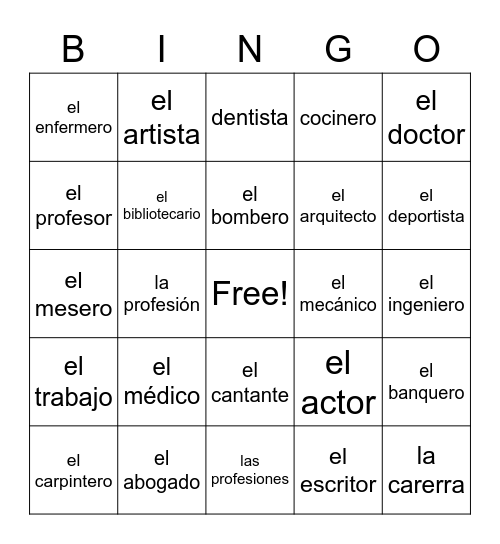 Profesiones Bingo Card