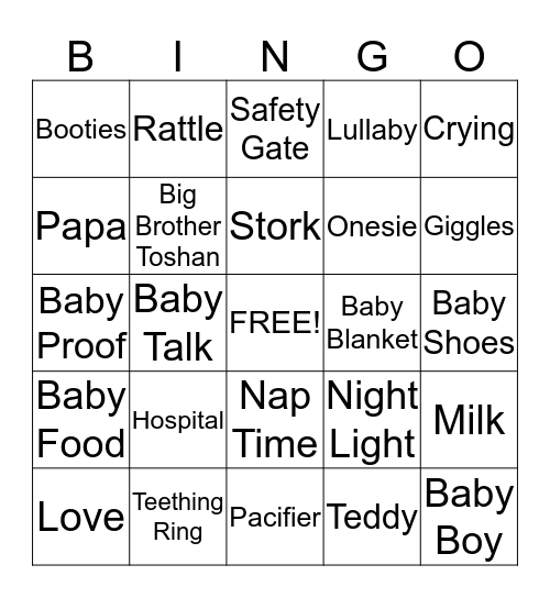 Mili's Baby Shower Bingo Card