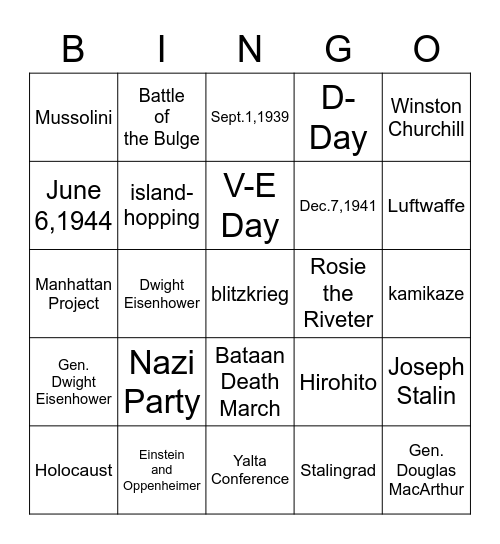 WW2 Bingo Card