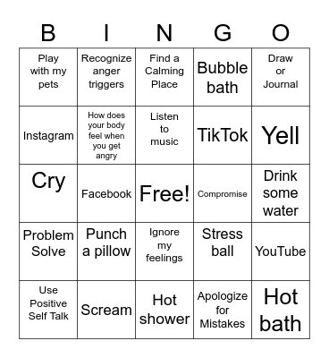 Anger Bingo Card