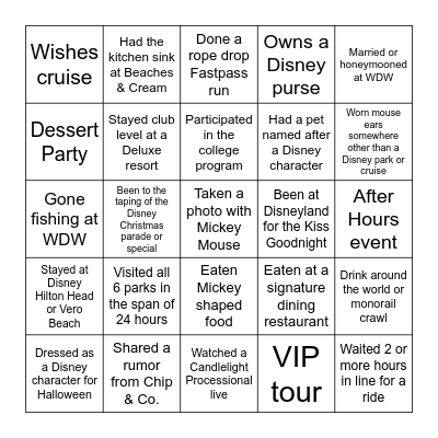 Never Have I Ever...Disney Edition Bingo Card