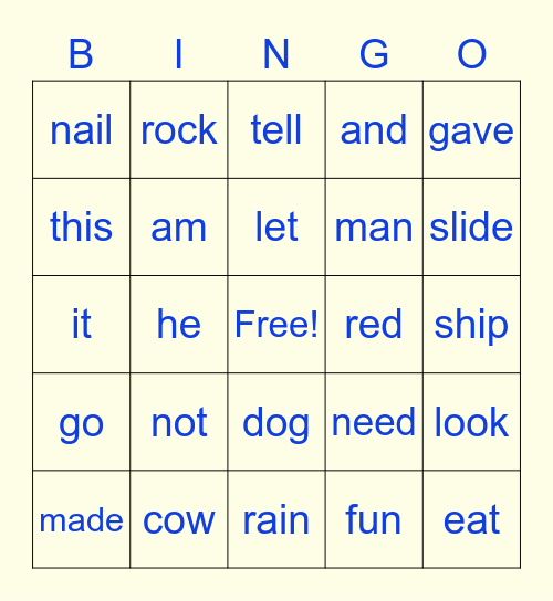 Key Words Bingo Card