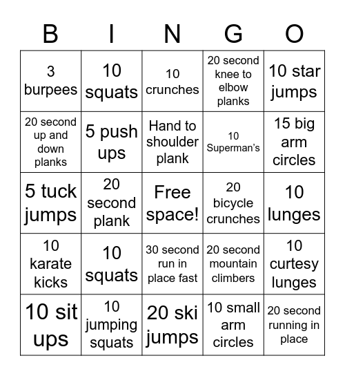 Exercise Bingo Card