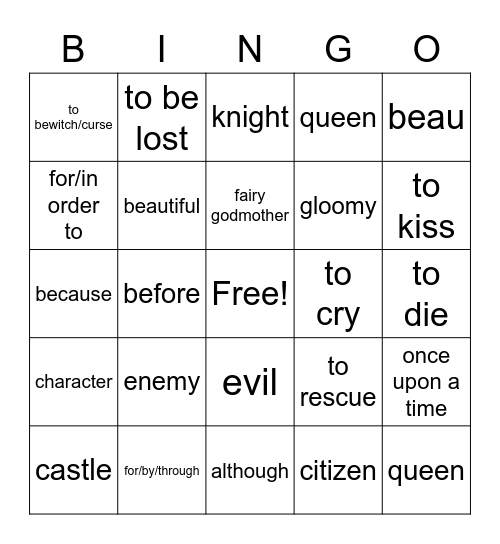 Fairy Tale Vocabulary Bingo Card