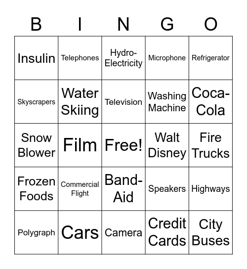 New Inventions in the 1920s Bingo Card