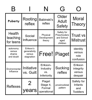 Growth and Development Bingo Card