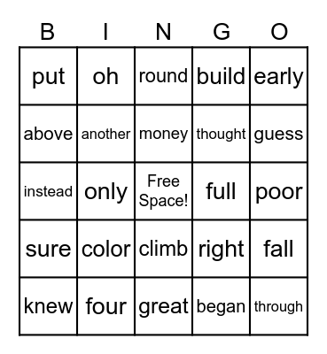 Sight Word Bingo Card