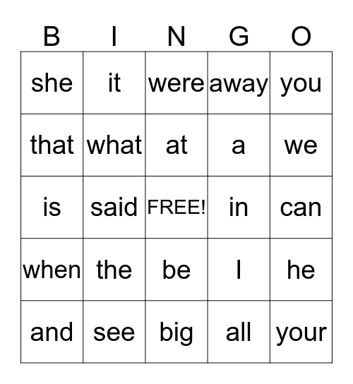 Pre-Kindergarten High Frequency Words Bingo Card