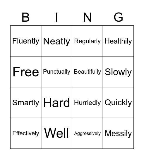 Adverb Bingo Card