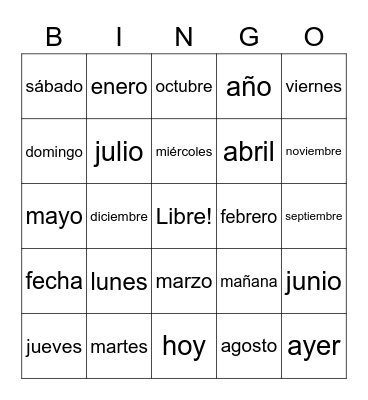 Meses y Días Bingo Card