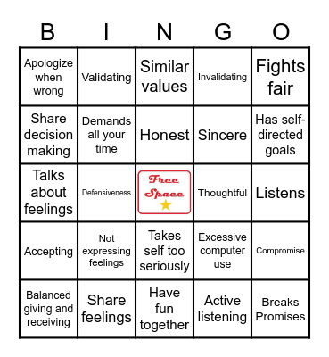 Healthy vs. Unhealthy Relationships Bingo Card