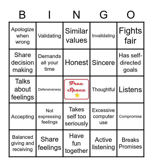 Healthy vs. Unhealthy Relationships Bingo Card