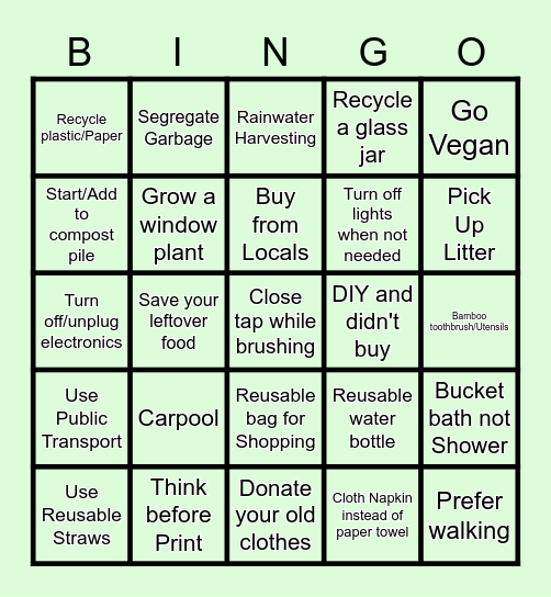 Go Green- Earth Day Bingo! Bingo Card