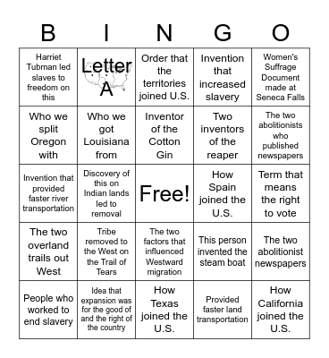 Westward Expansion Review Bingo Card