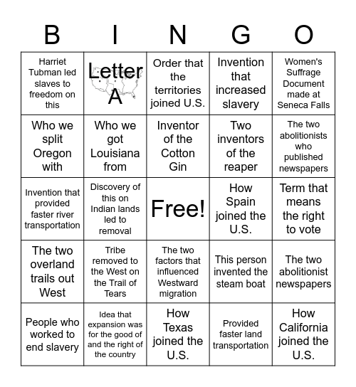 Westward Expansion Review Bingo Card