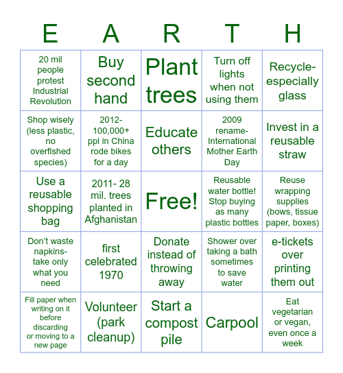 Earth Day BINGO! Bingo Card