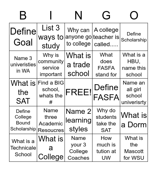 College Bingo  Bingo Card