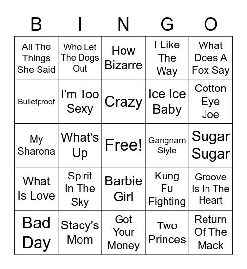 One Hit Wonder BINGO Card