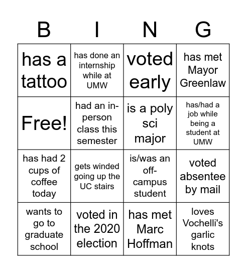 UMW Votes Bingo Card