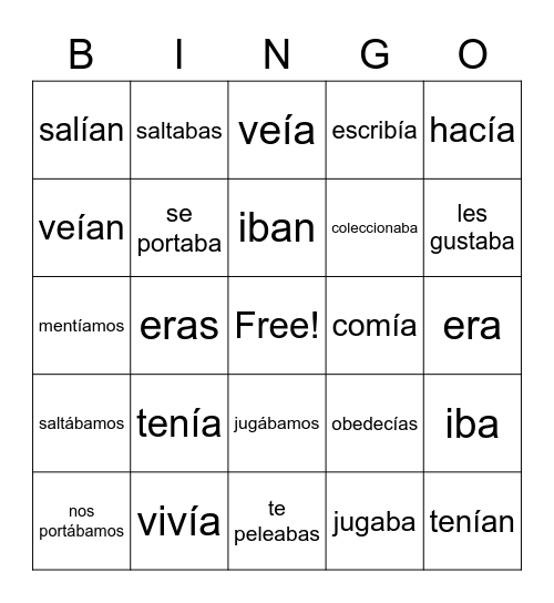 Imperfect Tense Bingo Card
