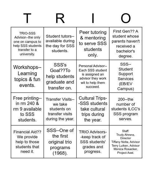 TRiO Student Support Services Bingo Card