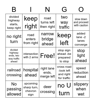 Drivers Ed BINGO Card