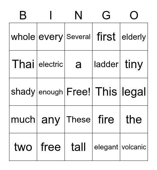 Adjective Bingo Card