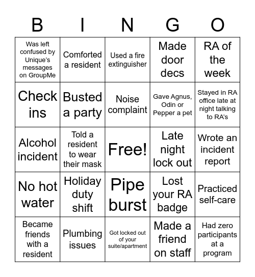 Resident Assistant Bingo Card