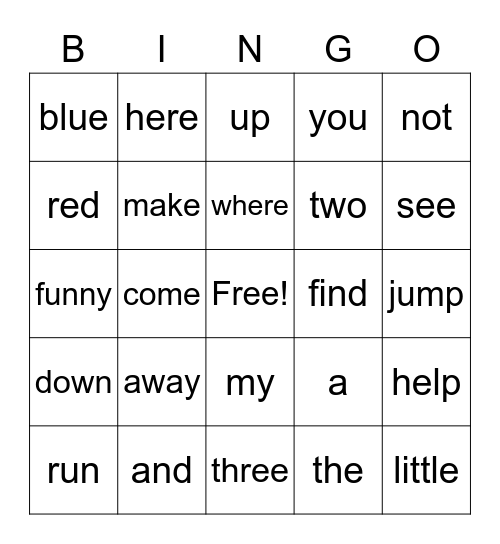 Pre Primer Bingo Card