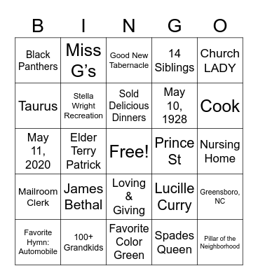 All About Nannie Bingo Card