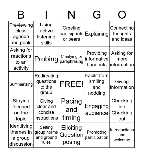 Facilitation skill Bingo  Bingo Card