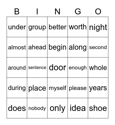 Sight Words Bingo Card